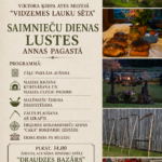 Pasākuma plakāts ar nosaukumu “Saimnieču dienas lustes Annas pagastā”, kas notiks Viktora Ķirpa Ates muzeja “Vidzemes lauku sētā” 2026. gada 26. jūlijā plkst. 13.00. Programmā iekļauta zāļu paklāja aušana, maizes krāsns kurināšana un maizes cepēju padomi, malēniešu ēdiena degustēšana, zāles pļaušana ar izkapti, Ērgemes rokdarbnieču kopas “Caka” rokdarbu izstāde un ekskursija pa muzeju. Plkst. 14.00 notiks Ādolfa Alunāna dziesmu spēle “Draudzes Bazārs” Cesvaines Tautas teātra izpildījumā. Pasākums notiek sadarbībā ar Annas pagasta kultūras namu. Ieeja: 5.00 eiro. Plakāta labajā pusē redzami attēli, kas ilustrē pasākuma tēmu: Vidzemes lauku sēta no putna lidojuma, svaigi ceptas maizes klaipi, muzeja koka izkārtne, rindā saliktas izkaptis un dažādi rokdarbi.