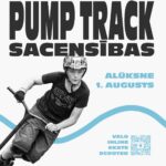 Velosolutions Pump Track Sacensību plakāts ar jaunu zēnu ķiverē un melnā kreklā, braucot ar skrejriteni pa trasi. Teksts: VELOSOLUTIONS PUMP TRACK SACENSĪBAS, ALŪKSNE 1. AUGUSTS. Sacensību kategorijas ir VELO, INLINE, SKATE, SCOOTER, katrai blakus ir QR kods.