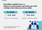Informatīvs plakāts ar virsrakstu: "Pašvaldības izpilddirektora un Alūksnes novada pagastu apvienības pārvaldes vadītājas iedzīvotāju pieņemšanas jūlijā". Norādīti divi pieņemšanas datumi un laiki: "15. JŪLIJĀ, 17.15 - 18.15" vietā "Liepzari", Jaunannas pagastā un "22. JŪLIJĀ, 17.15 - 18.15 vietā "Lazdiņas", Jaunlaicenes pagastā. Apakšā teksts: "Aicinām pieteikties pieņemšanai katra pagasta bibliotēkā/VPVKAC.