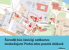 Karte, kas rāda satiksmes ierobežojumus Alūksnē. Parka ielas posmā un krustojumos ar Baložu bulvāri un Dzimnavu ielu ar sarkaniem apļiem, baltām svītrām un zīmēm "30" ir atzīmētas slēgtas zonas un ātruma ierobežojumi. Apakšā redzams teksts: "Šonedēļ būs īslaicīgi satiksmes ierobežojumi Parka ielas posmā Alūksnē".