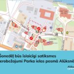 Karte, kas rāda satiksmes ierobežojumus Alūksnē. Parka ielas posmā un krustojumos ar Baložu bulvāri un Dzimnavu ielu ar sarkaniem apļiem, baltām svītrām un zīmēm "30" ir atzīmētas slēgtas zonas un ātruma ierobežojumi. Apakšā redzams teksts: "Šonedēļ būs īslaicīgi satiksmes ierobežojumi Parka ielas posmā Alūksnē".