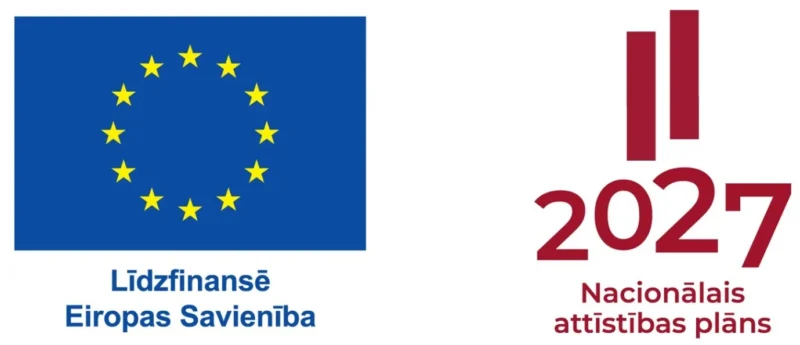 Eiropas Savienības karogs ar tekstu "Līdzfinansē Eiropas Savienība" un logo ar divām sarkanām joslām, skaitli "2027" un tekstu "Nacionālais attīstības plāns".