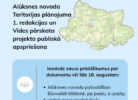 Zila fona informatīvais plakāts par Alūksnes novada teritorijas plānošanu ar uzrakstu "Iesaisties novada teritorijas plānošanā! Alūksnes novada Teritorijas plānojuma 1. redakcijas un Vides pārskata projekta publiskā apspriešana". Blakus attēlota Alūksnes novada karte. Plakāts aicina "Iesniedz savus priekšlikumus par dokumentu vēl līdz 18. augustam: Alūksnes novada pašvaldības Būvvaldē klātienē, pa pastu, e-pastu; vietnē www.geolatvija.lv". Apakšā norādīts "Informācija: www.aluksne.lv".