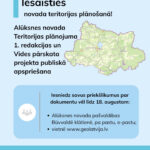 Zila fona informatīvais plakāts par Alūksnes novada teritorijas plānošanu ar uzrakstu "Iesaisties novada teritorijas plānošanā! Alūksnes novada Teritorijas plānojuma 1. redakcijas un Vides pārskata projekta publiskā apspriešana". Blakus attēlota Alūksnes novada karte. Plakāts aicina "Iesniedz savus priekšlikumus par dokumentu vēl līdz 18. augustam: Alūksnes novada pašvaldības Būvvaldē klātienē, pa pastu, e-pastu; vietnē www.geolatvija.lv". Apakšā norādīts "Informācija: www.aluksne.lv".