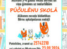 Plakāts ar uzaicinājumu: "Aicinām 3-4 gadus vecus bērnus un viņu ģimenes uz nodarbībām PŪČULĒNU SKOLĀ Alūksnes novada bibliotēkas Bērnu apkalpošanas nodaļā. Pieteikties, zvanot uz 25742210 vai rakstot uz Whatsapp līdz 23.09.2026". Zem teksta attēloti četri karikatūriski tēli – divi oranži, viens zils un viens balts monstriņš. Fons veidots no grāmatu plauktiem.