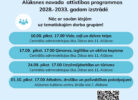 Plakāts ar gaiši zilu fonu un uzrakstu "AICINĀM SABIEDRĪBU LĪDZDARBOTIES! Alūksnes novada attīstības programmas 2028.-2033. gadam izstrādē". Tajā aicināts nākt ar savām idejām uz tematiskajām darba grupām. Darba grupas notiks: 10.09. plkst. 17.00 Vide, ceļi un dzīves telpa; 17.09. plkst. 17.00 Ģimenes, izglītība un aktīva kopiena; 24.09. plkst. 17.00 Uzņēmējdarbība un tūrisms, visas Centrālās administrācijas ēkā. 01.10. plkst. 17.00 Atbalsts, drošība un pašvaldības pakalpojumi Alūksnes Kultūras centrā. "PIESAKIES tematiskajām darba grupām līdz 9. septembrim!". Apakšā redzams QR kods un norāde "Informācija: www.aluksne.lv".