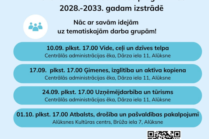 Plakāts ar gaiši zilu fonu un uzrakstu "AICINĀM SABIEDRĪBU LĪDZDARBOTIES! Alūksnes novada attīstības programmas 2028.-2033. gadam izstrādē". Tajā aicināts nākt ar savām idejām uz tematiskajām darba grupām. Darba grupas notiks: 10.09. plkst. 17.00 Vide, ceļi un dzīves telpa; 17.09. plkst. 17.00 Ģimenes, izglītība un aktīva kopiena; 24.09. plkst. 17.00 Uzņēmējdarbība un tūrisms, visas Centrālās administrācijas ēkā. 01.10. plkst. 17.00 Atbalsts, drošība un pašvaldības pakalpojumi Alūksnes Kultūras centrā. "PIESAKIES tematiskajām darba grupām līdz 9. septembrim!". Apakšā redzams QR kods un norāde "Informācija: www.aluksne.lv".