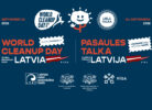 Plakāts paziņo par Pasaules Talku Latvijā, kas notiks 2026. gada 20. septembrī. Teksts latviski un angliski: "PASAULES TALKA LATVIJA", "WORLD CLEANUP DAY LATVIA", "GLOBĀLĀ TIEŠRAIDE NO RĪGAS", "GLOBAL BROADCAST FROM RIGA". Redzami logo ar uzrakstiem "WORLD CLEANUP DAY SEPT 20", "LIELĀ TALKA", kā arī smaidoša saule un cilvēks, kas vāc atkritumus. Minēti tēmturi #WORLDCLEANUPDAY, #SVINAMDABU, #SVINAMKOPĀ. Apakšā atrodas organizatoru un atbalstītāju logotipi: "Latvijas vides aizsardzības fonds", "Klimata un enerģētikas ministrija", "Vides aizsardzības un reģionālās attīstības ministrija" un "RĪGA".
