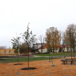 Skats no putna lidojuma uz publiskas vietas labiekārtošanas darbiem rudenī. Laukums ar diagonāliem celiņiem, kas sadala zāliena un tumšas augsnes laukumus. Vienā no celiņu veidotajiem blokiem ir dekoratīvs labirinta veida raksts. Gar laukuma malu ir ceļš ar stāvošām automašīnām un zīmi "P", kā arī sakrautas būvmateriālu paletes. Apkārtnē redzamas vecākas ēkas un koki ar rudenīgām lapām.