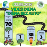 Vairāki bērni ķiverēs rindojas uz bruģēta ceļa ar baltām marķējuma līnijām, braucot ar dažādiem maziem velosipēdiem un trīsriteņiem. Fonā redzama divstāvu ēka.